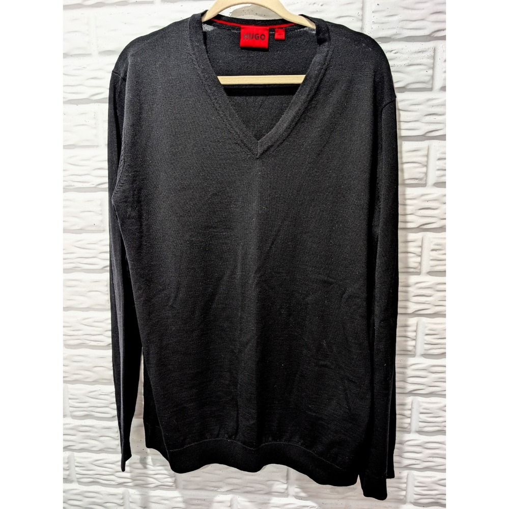 Hugo Boss Mens XXL Black Virgin Wool V-Neck Sweater Lightweight Quiet Luxury